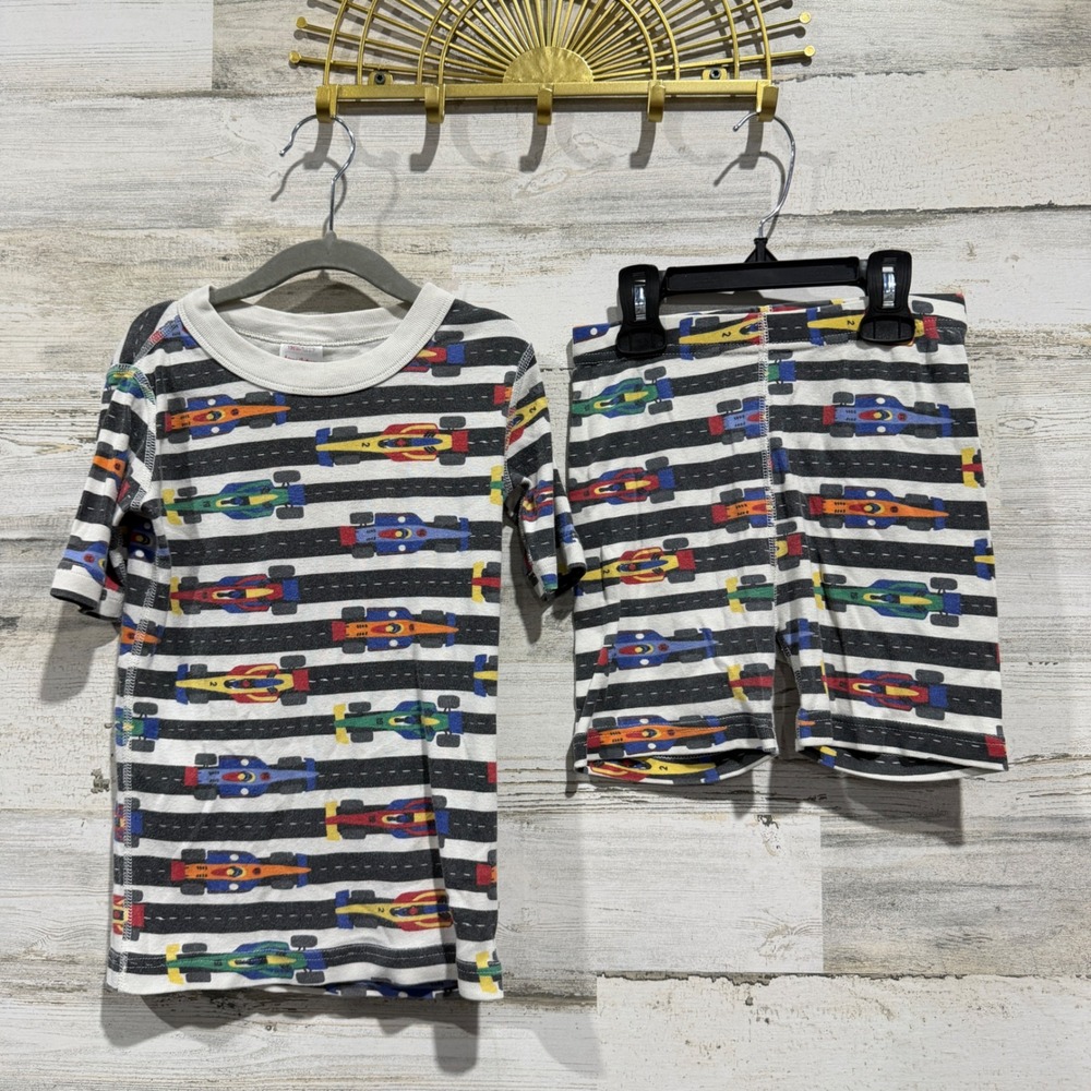 Hanna Andersson Pajama Set Kids 6-7 White Race Car Stripes Shortie GUC*